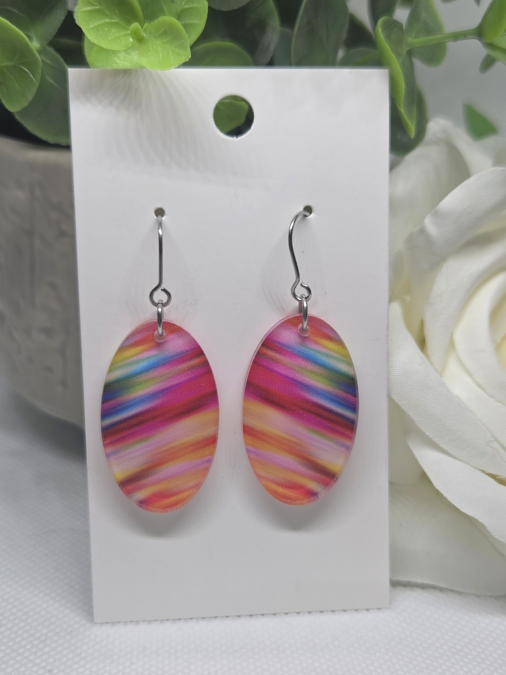 Colorful Striped Oval Drop Earrings - Multicolor